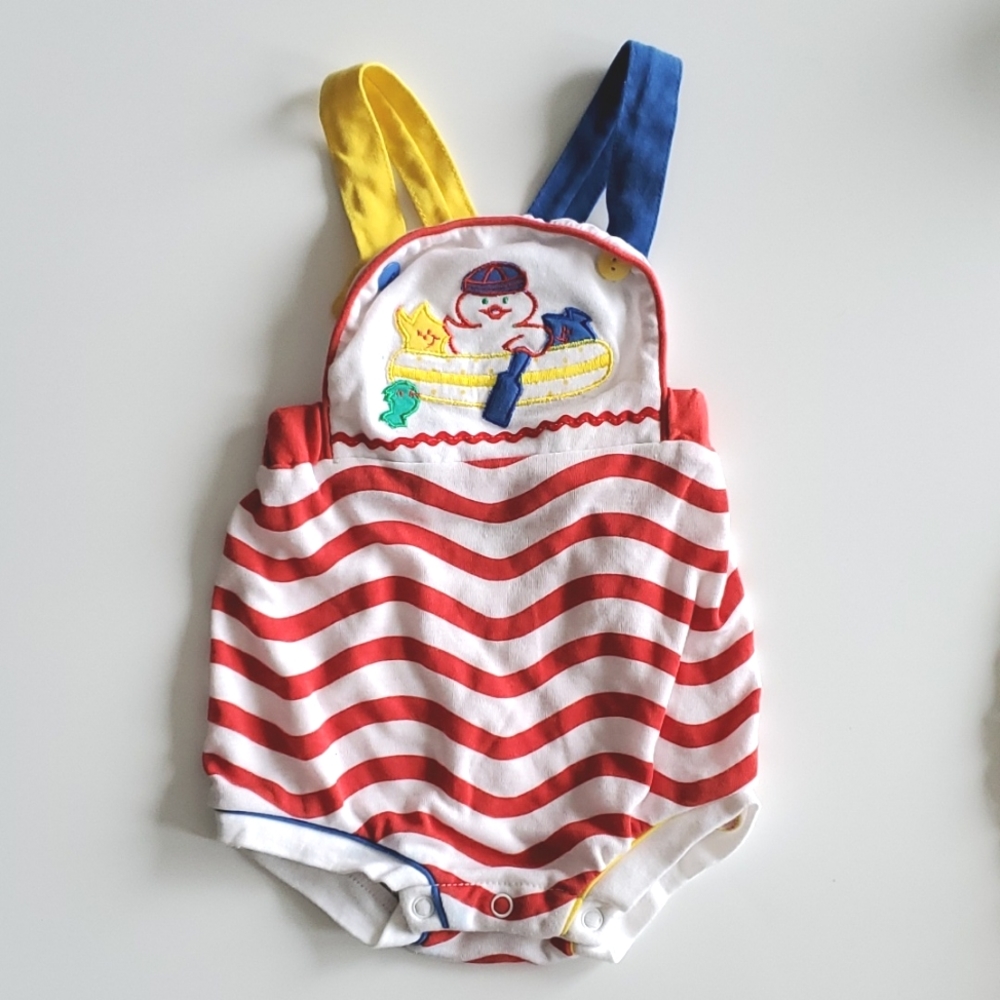 Vintage Colourful Overalls with Duck on a Boat Design Size 18 Months